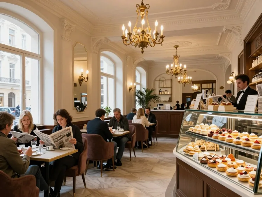 Vienna coffee house with people enjoying traditional Viennese cafe culture