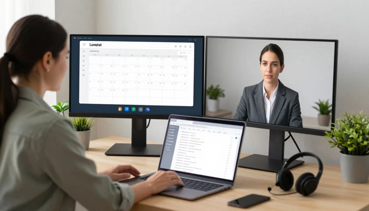 Virtual assistant managing multiple client tasks on computer screen with organized workspace