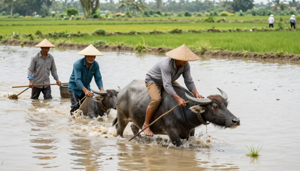 Water buffalo in rice paddies showing dual agricultural role