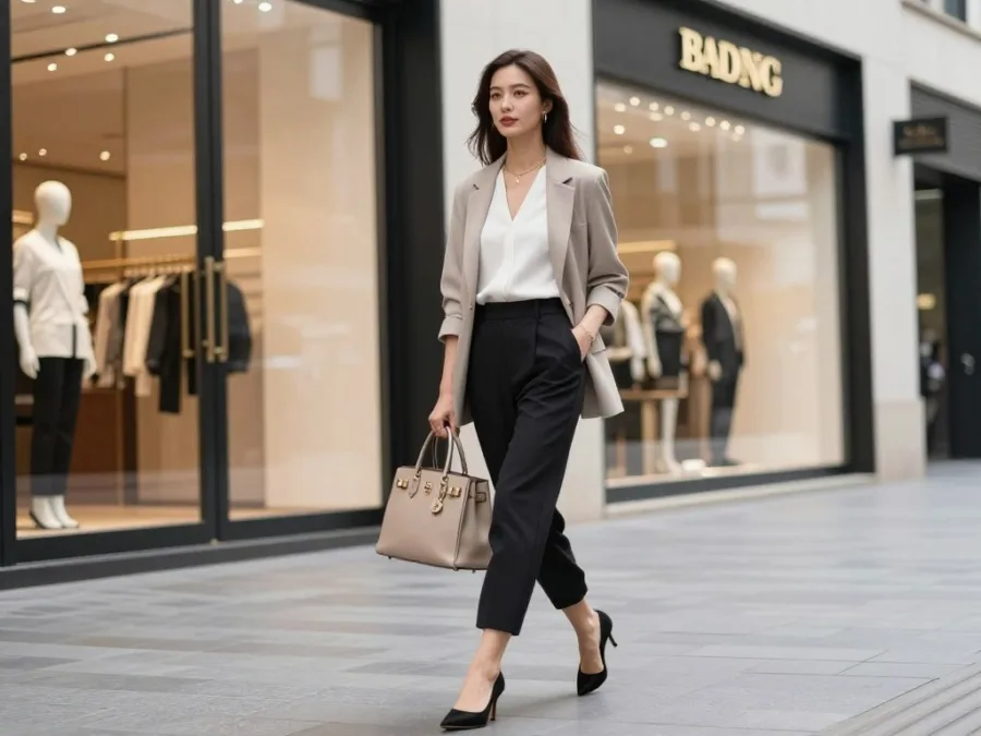 Woman carrying designer handbag walking through luxury boutique district