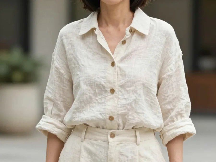 Woman over 50 wearing elegant linen summer outfit