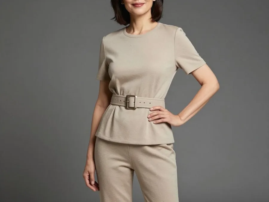 Woman over 50 wearing outfit with defined waist