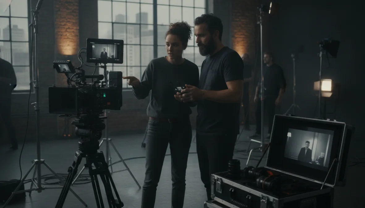 Young director working with cinematographer on set
