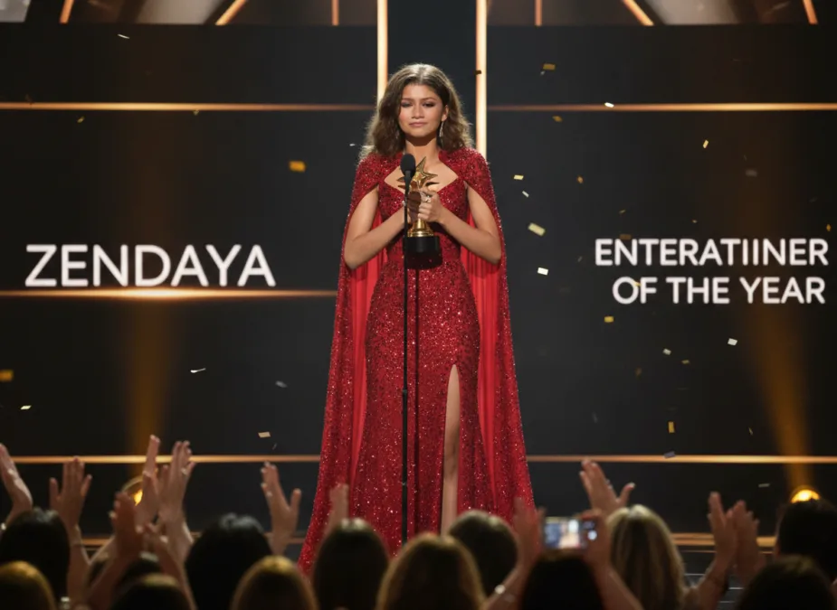 Zendaya accepting award on stage with emotional expression