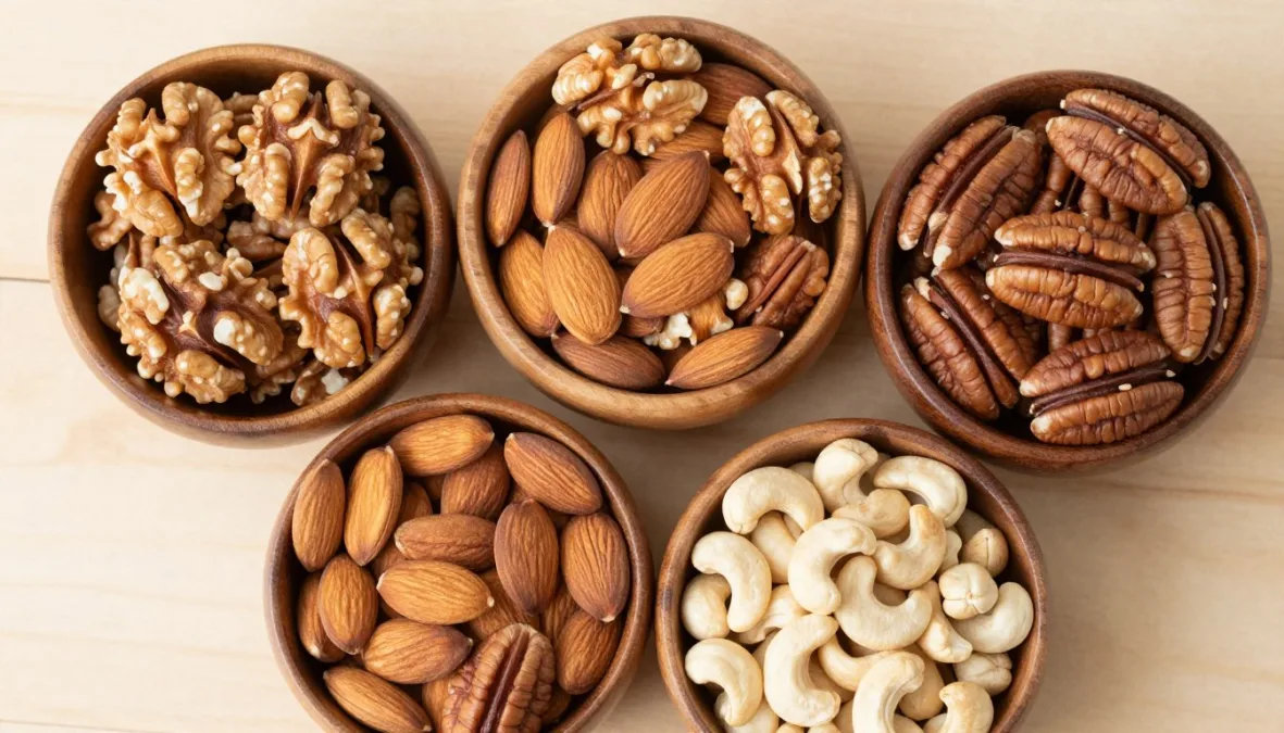 assorted nuts including walnuts, almonds, and cashews in wooden bowls