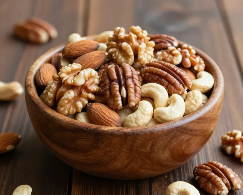 assortment of raw nuts including almonds, walnuts, and pecans that help lower cholesterol levels