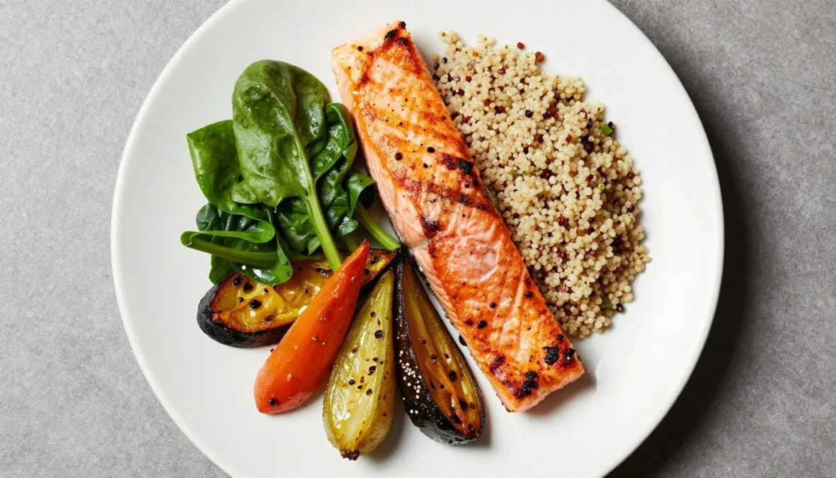 balanced meal plate showing blood sugar-friendly foods and portion sizes
