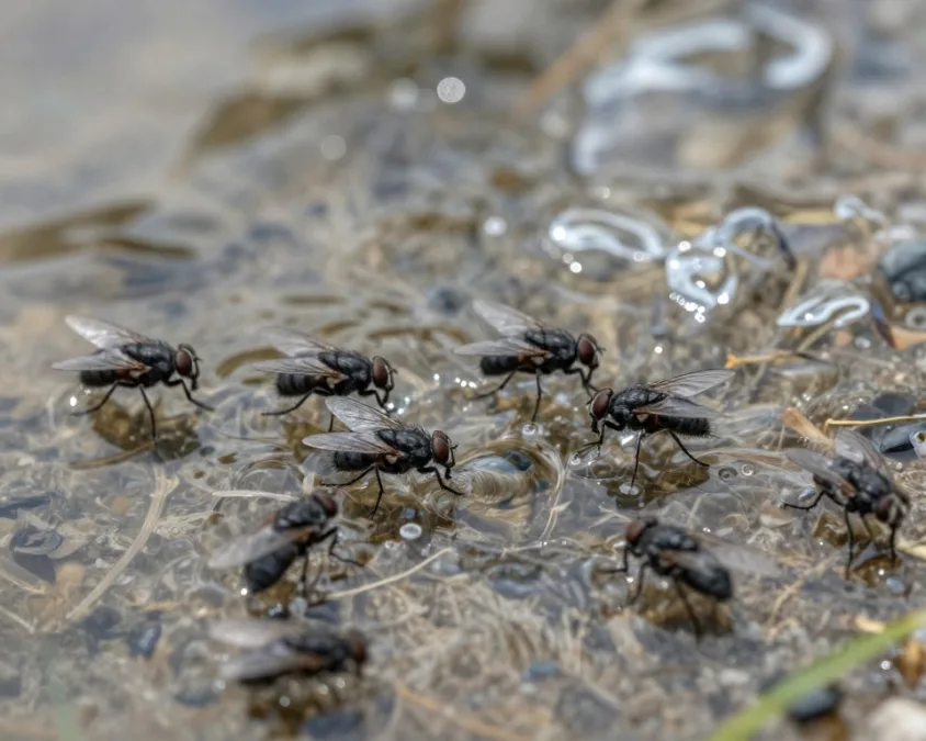 black fly swarm near water source where they breed and attack humans