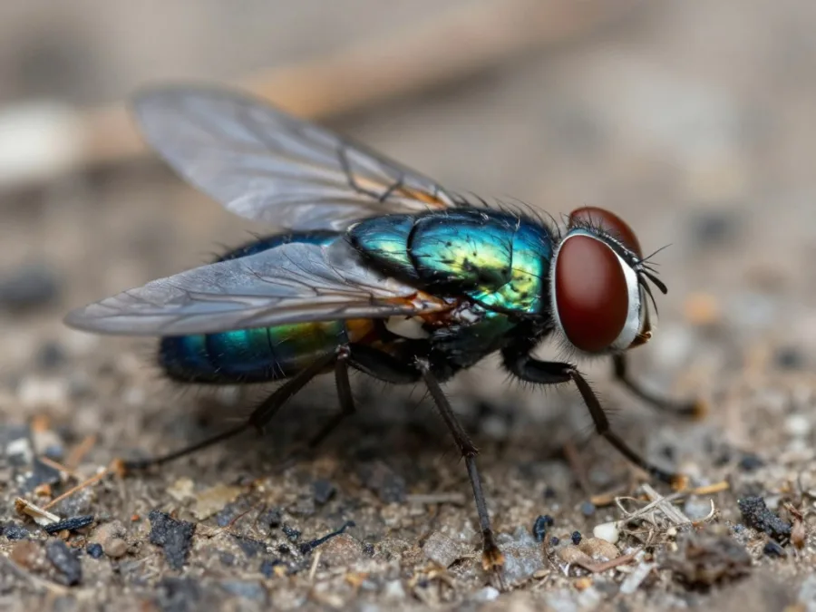 blow fly with metallic blue green body on decaying organic matter