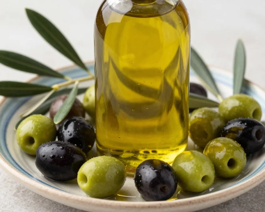 bottle of extra virgin olive oil with fresh olives, a healthy oil that helps lower cholesterol