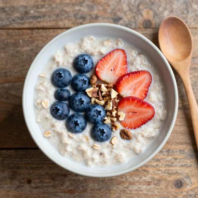 bowl of cooked oatmeal topped with fresh berries and nuts