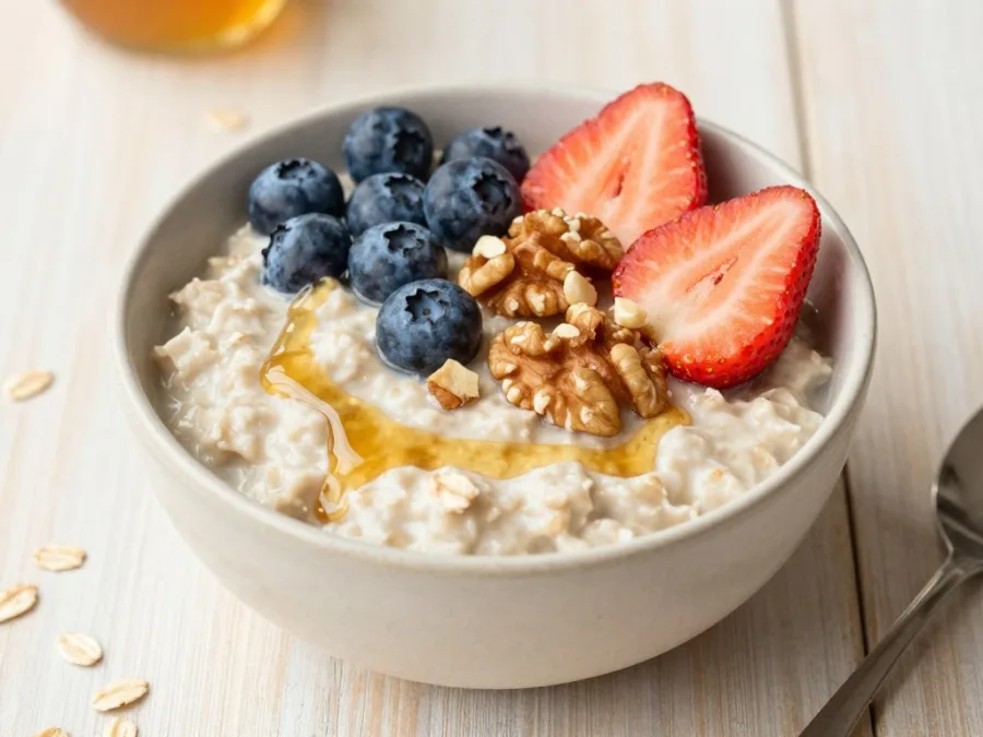 bowl of cooked oatmeal topped with fresh berries and nuts, demonstrating whole grains that help lower cholesterol