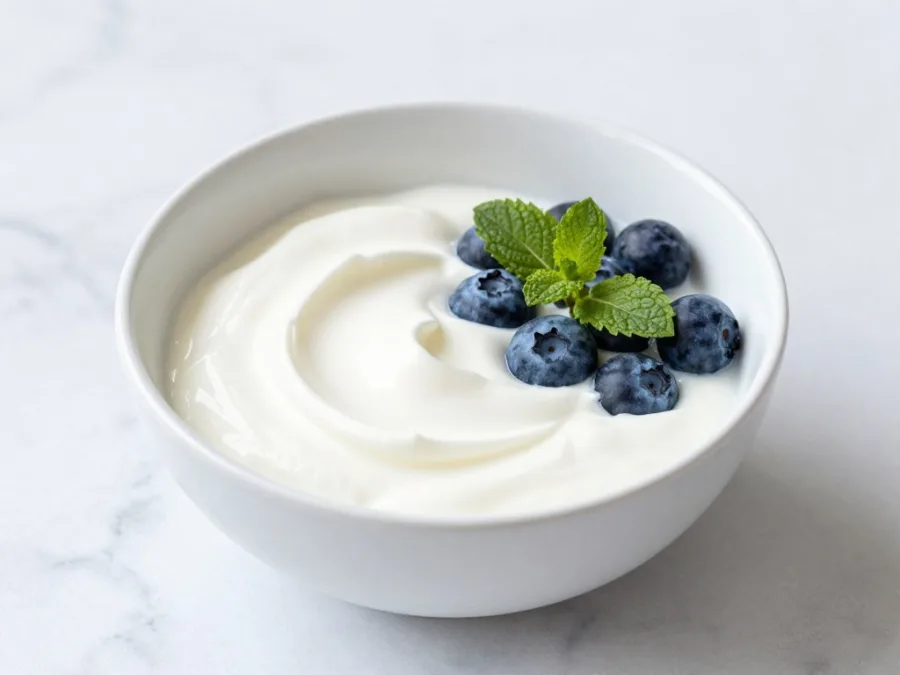bowl of plain greek yogurt with berries for blood sugar management