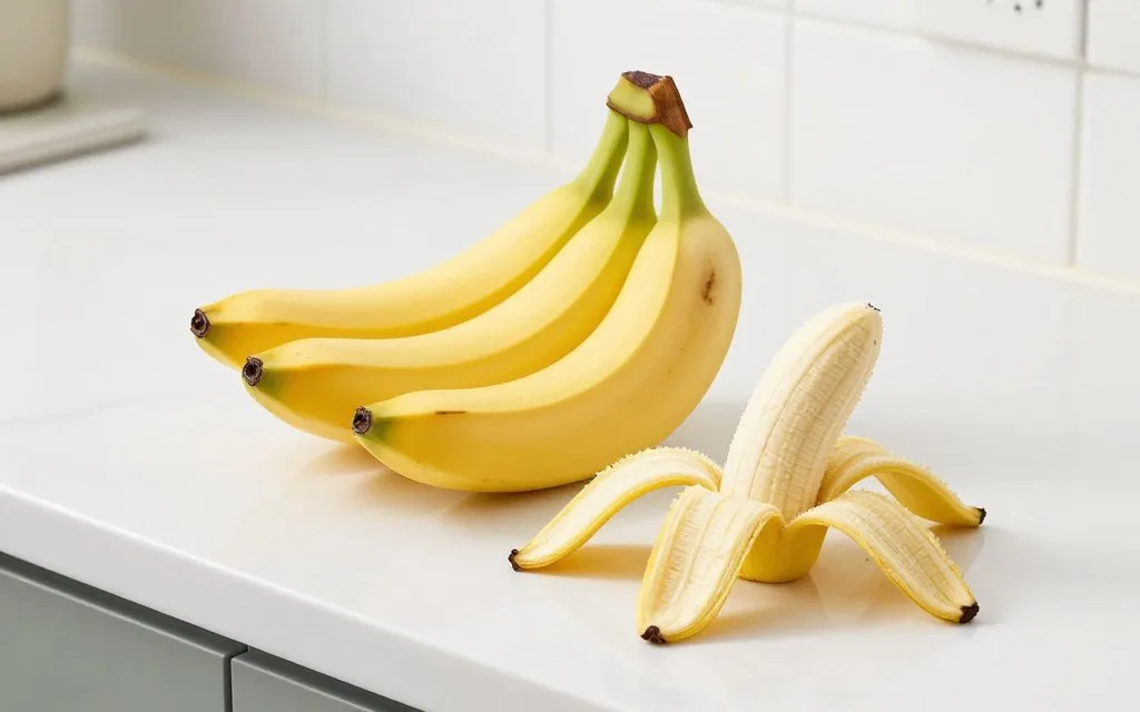 bunch of fresh yellow bananas on kitchen counter