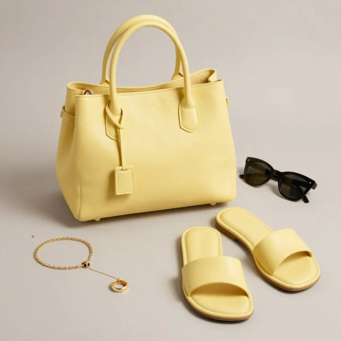 butter yellow accessories including bag and shoes flat lay