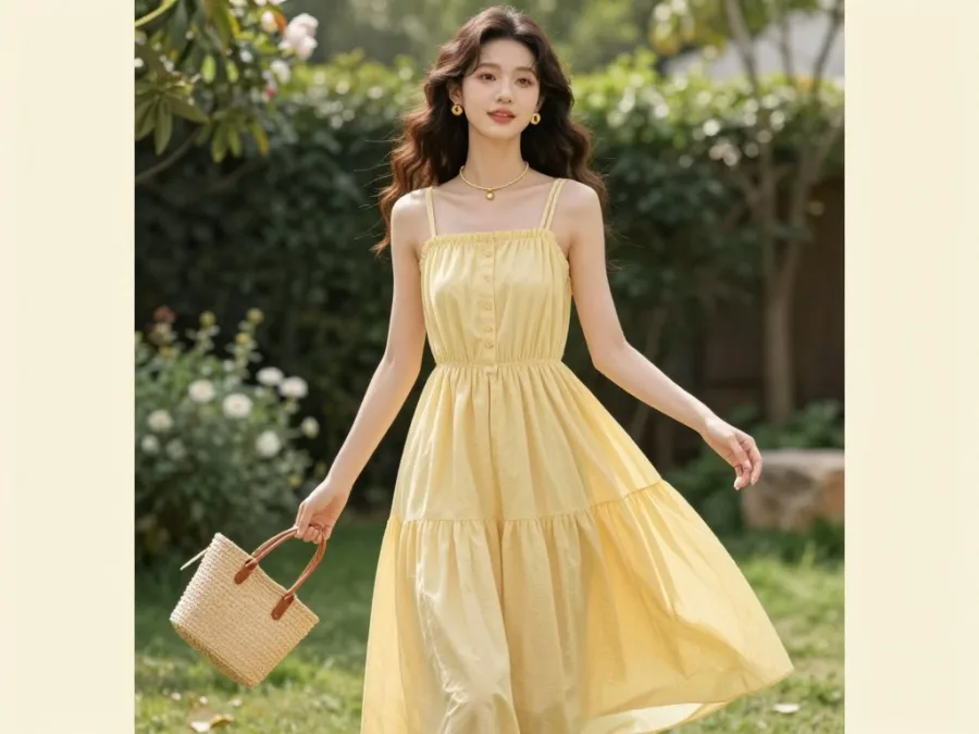 butter yellow summer dress on young woman with accessories