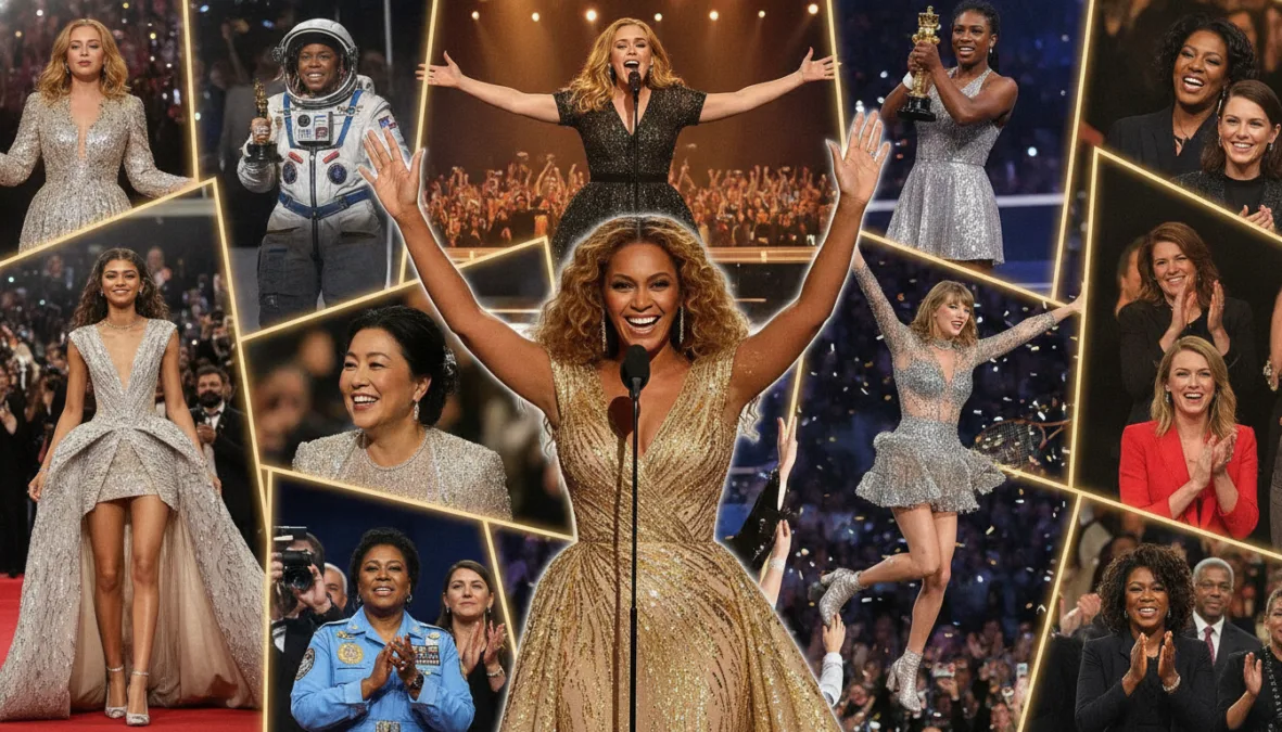 celebratory collage of top female celebrities at various triumphant moments