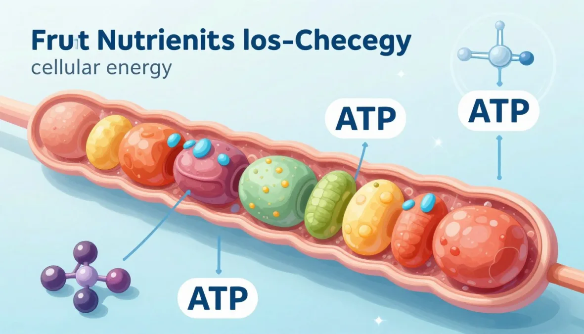 cellular energy production diagram showing how fruits provide nutrients for mitochondrial function