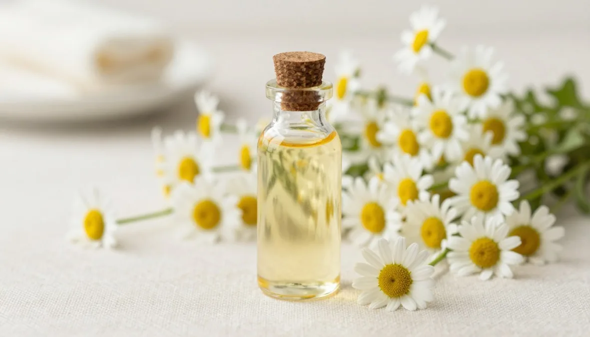 chamomile essential oil massage blend with chamomile flowers