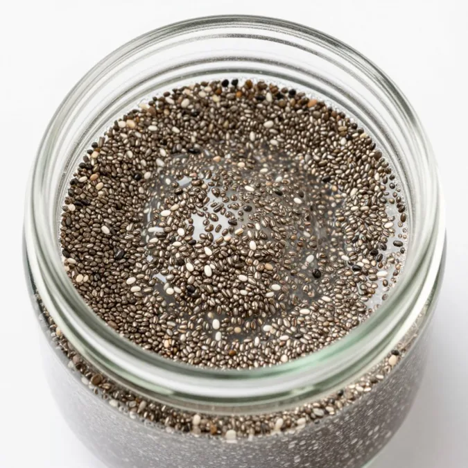 chia seeds forming a gel in a glass jar
