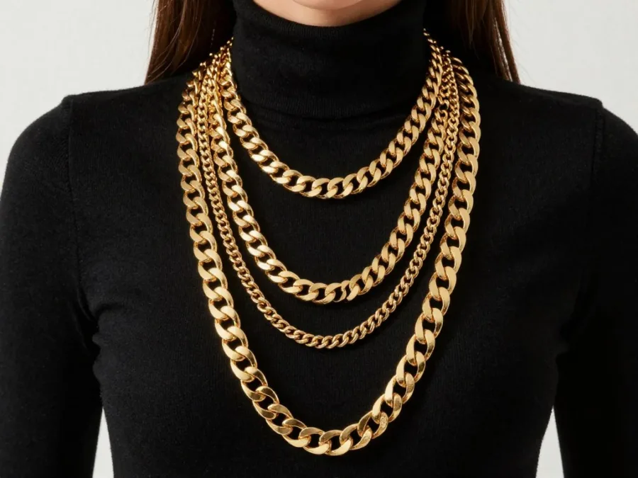 chunky gold chain necklace statement jewelry trend 2026 worn layered on model with black turtleneck