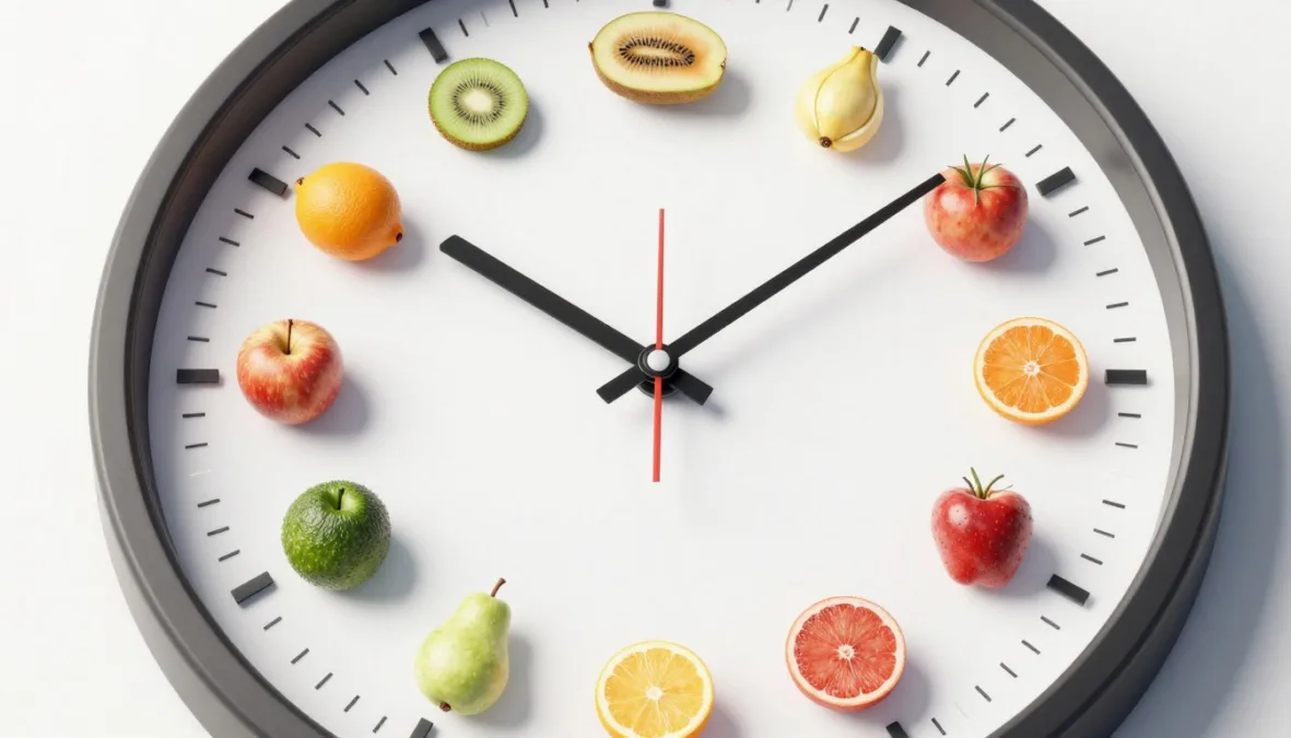 clock with fruits showing optimal timing for energy throughout the day