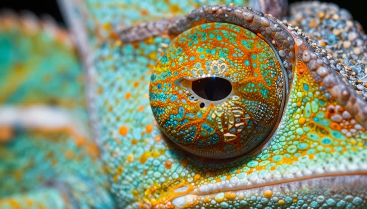 close-up of chameleon eye showing detailed iris and pupil structure