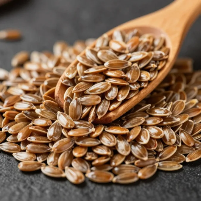 close up of golden brown flaxseeds in a spoon