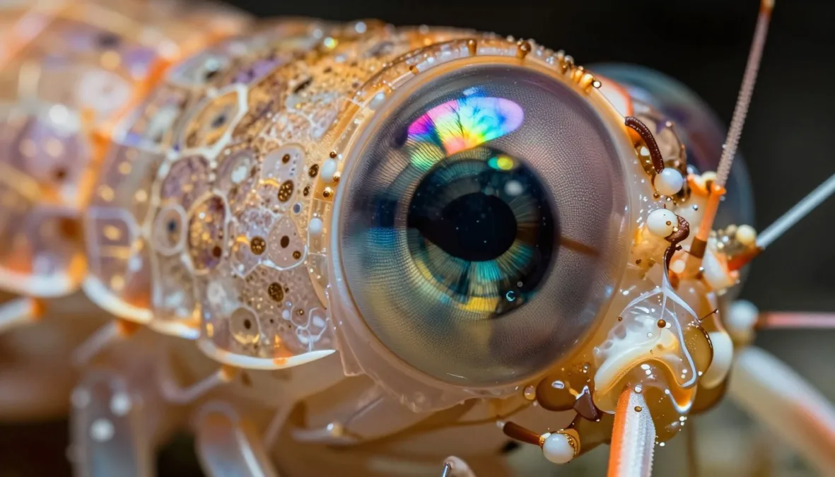 close-up of mantis shrimp compound eye structure showing multiple photoreceptor bands