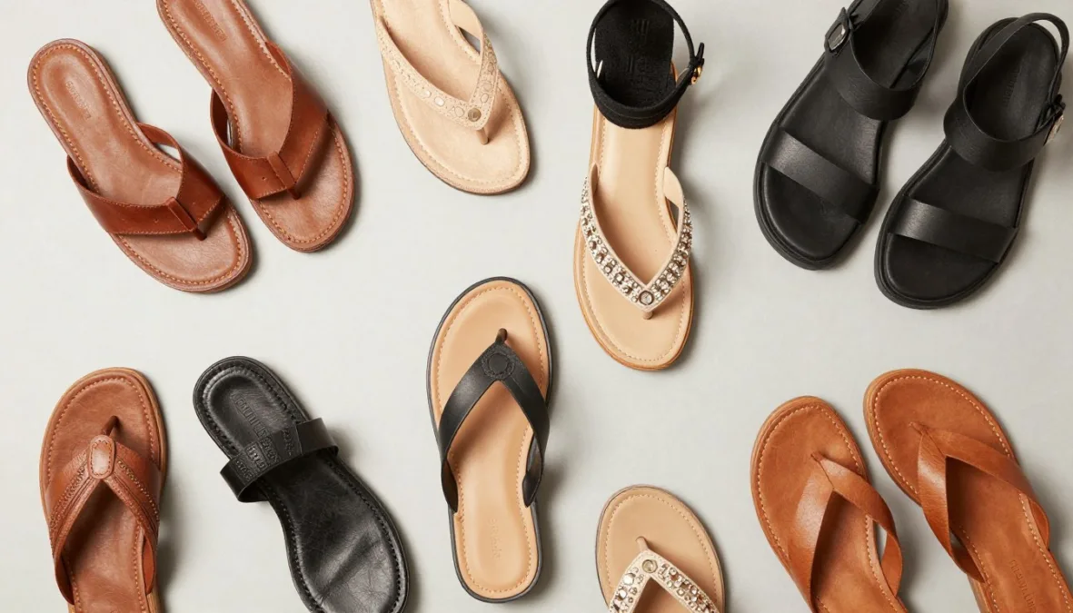 collection of different thong sandal styles arranged artistically