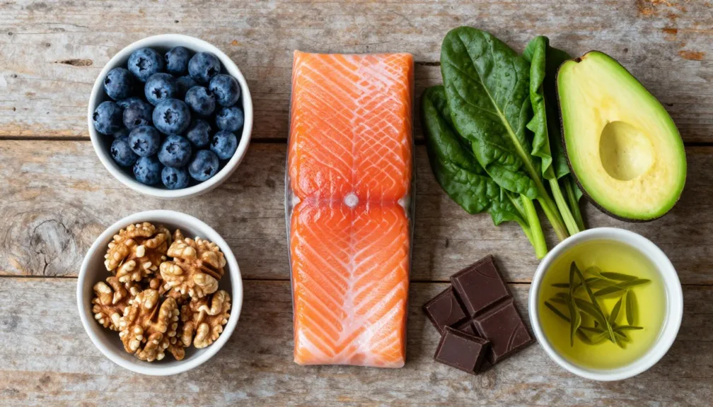 colorful array of brain-boosting foods including salmon, blueberries, walnuts, and leafy greens arranged on a wooden table