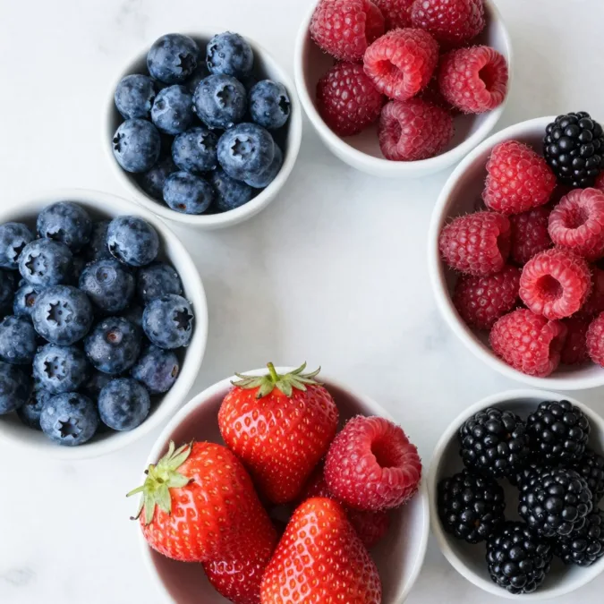 colorful assortment of fresh berries including blueberries strawberries and raspberries in bowls
