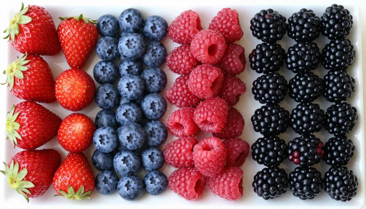 colorful mix of fresh berries including strawberries, blueberries, and raspberries that help lower cholesterol