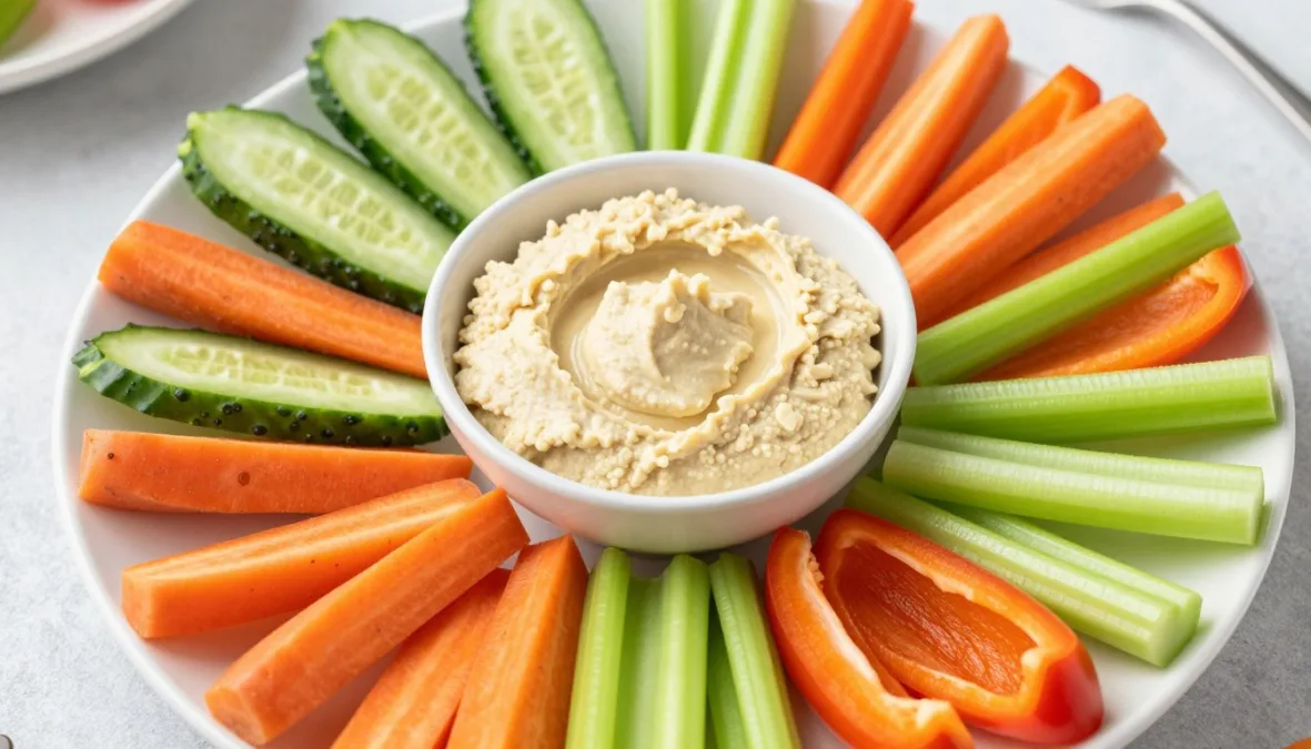 colorful vegetable sticks with hummus dip for kids