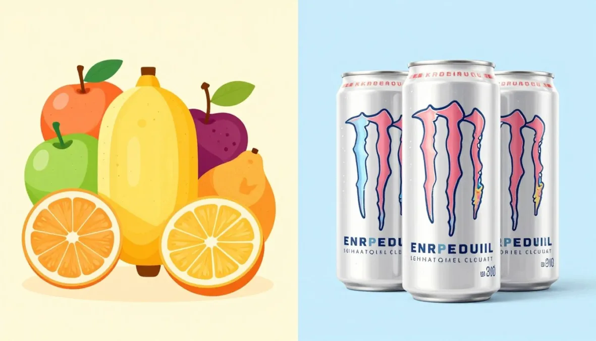 comparison of fresh fruits versus energy drinks showing natural alternative