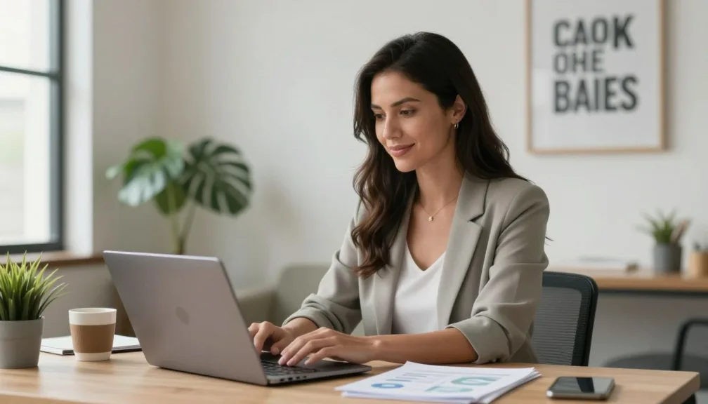 confident woman entrepreneur working on laptop planning top 10 businesses to start for women 2026
