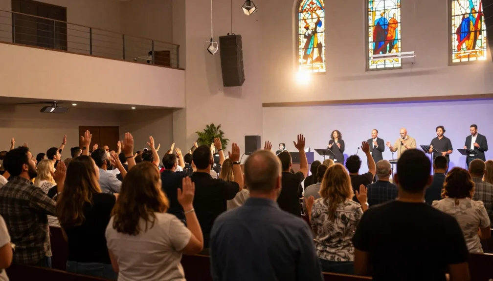 congregation singing top 10 worship songs with raised hands in modern church
