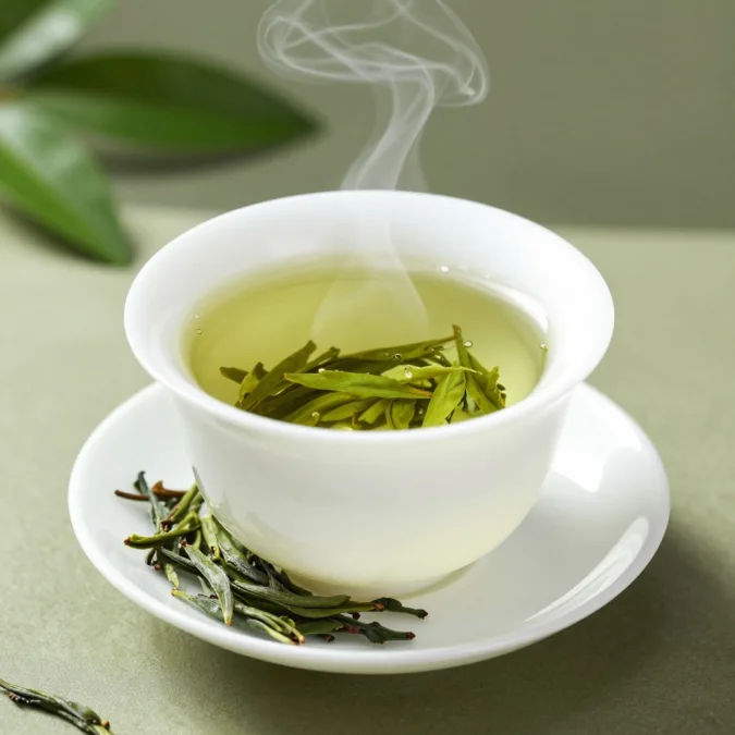 cup of green tea with tea leaves and steam rising