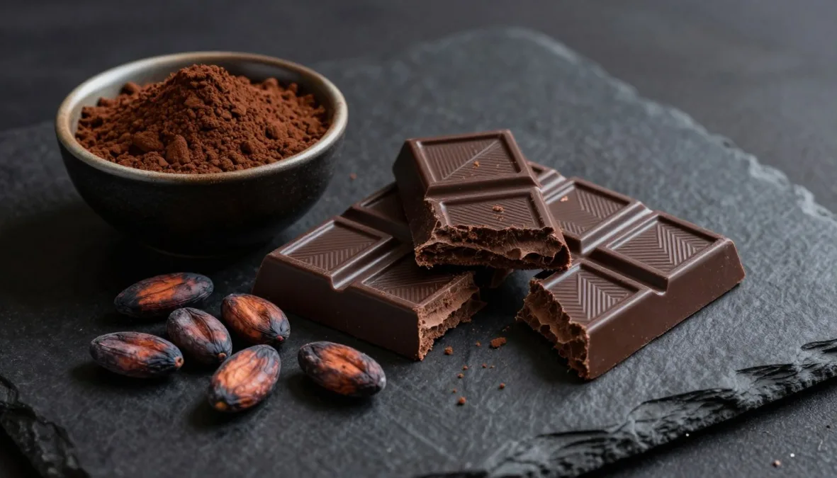 dark chocolate bars and cocoa powder with cacao beans