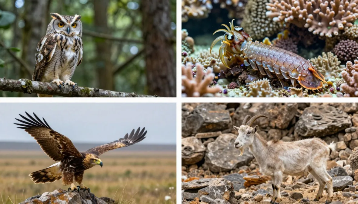 different habitats showing animals with vision adapted to each environment