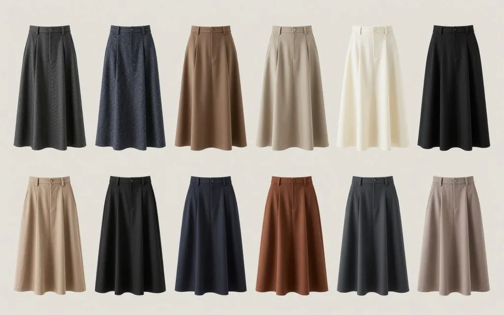 different midi skirt styles and fabrics displayed