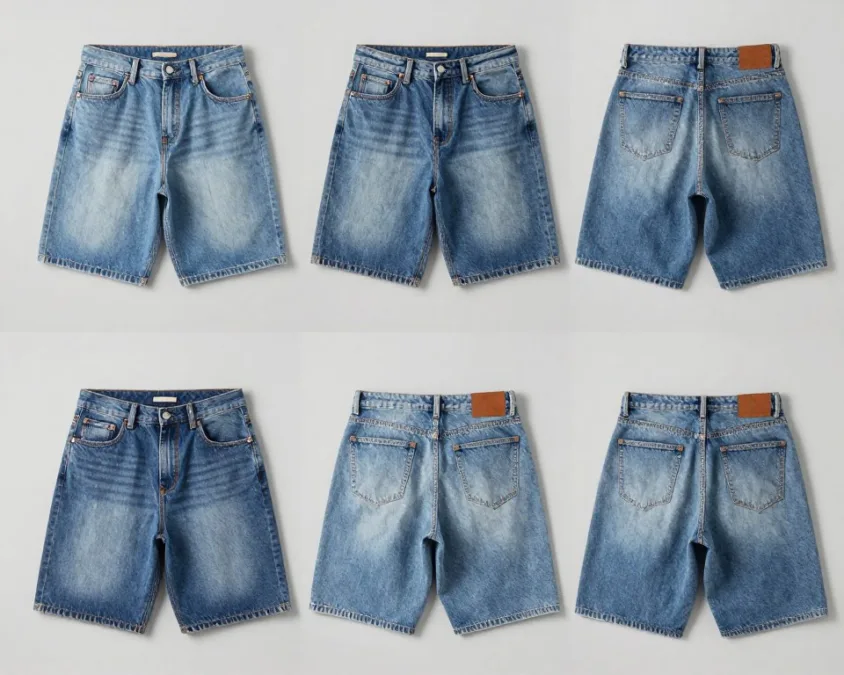 different styles of denim shorts laid flat