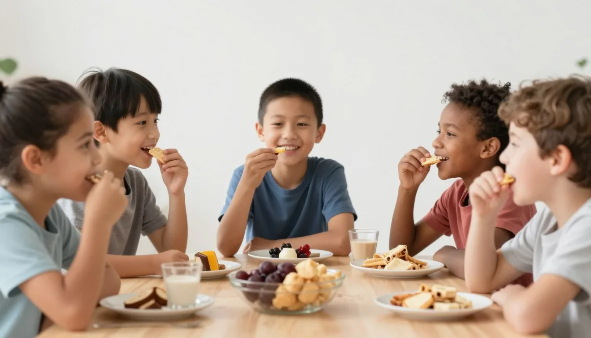 diverse children enjoying healthy snacks together