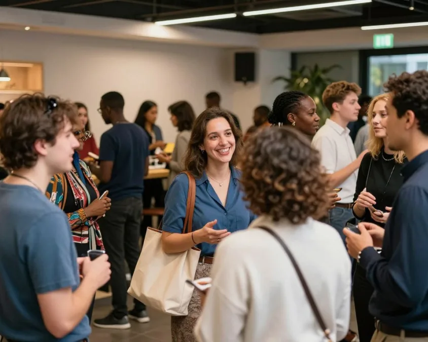 diverse group of expats socializing at international community event