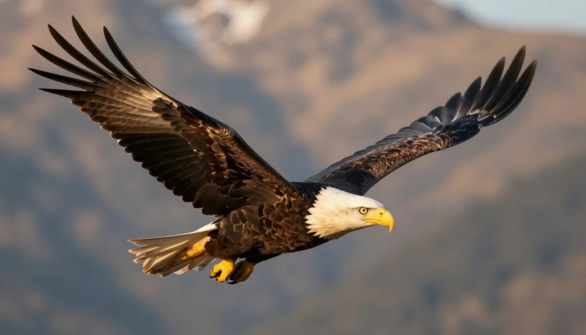 eagle in flight showing forward-facing eyes built for hunting