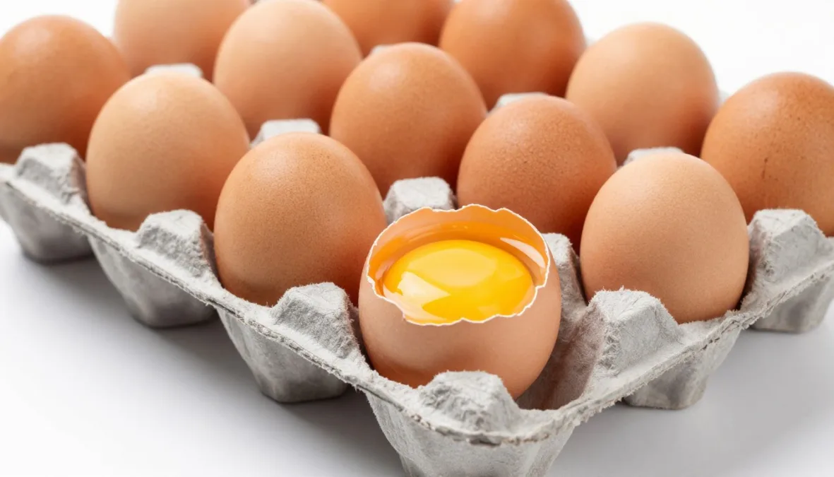 eggs in carton with one cracked egg showing yolk rich in choline