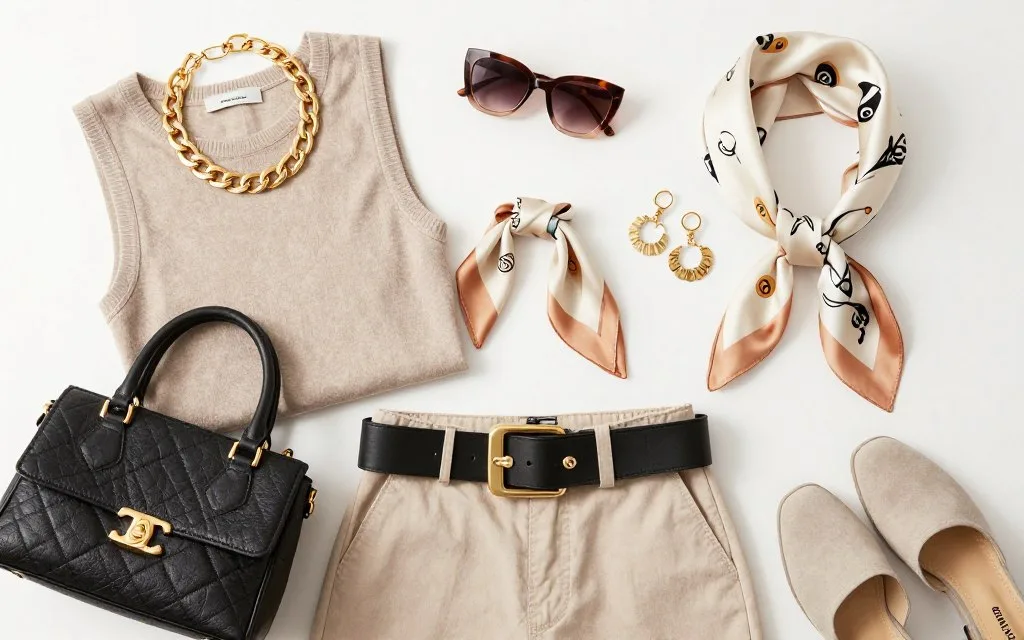 fashion styling flat lay 2026 accessories arranged with clothing showing how to style trending pieces