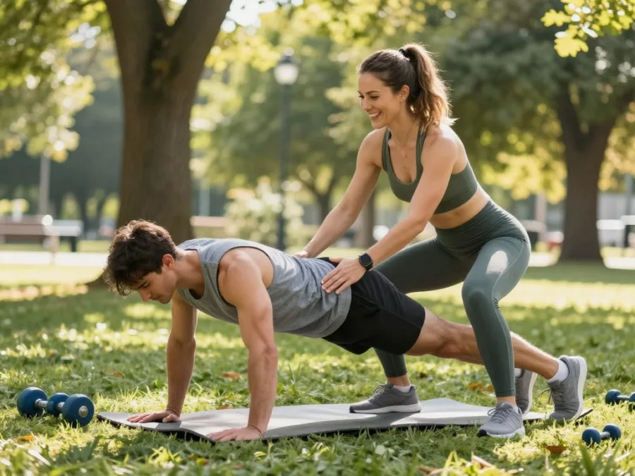 female personal trainer coaching client during outdoor fitness session in park