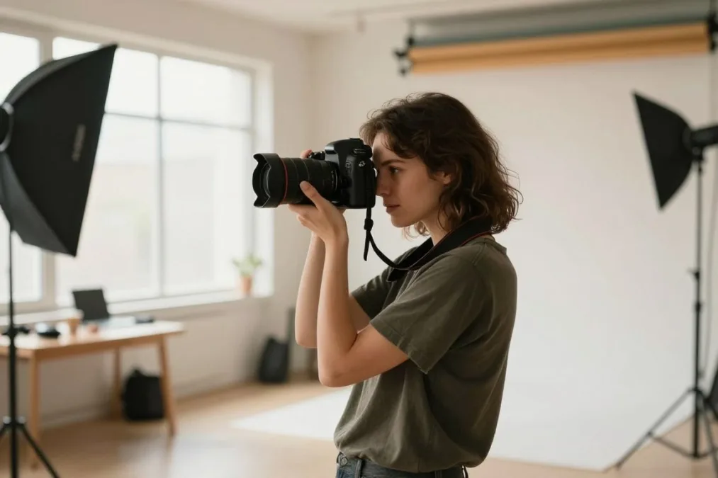 female photographer capturing professional portraits in natural light studio setting