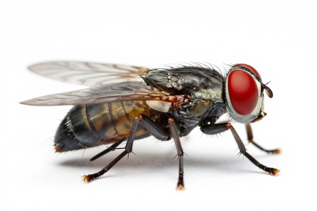 flesh fly showing characteristic striped thorax and red eyes